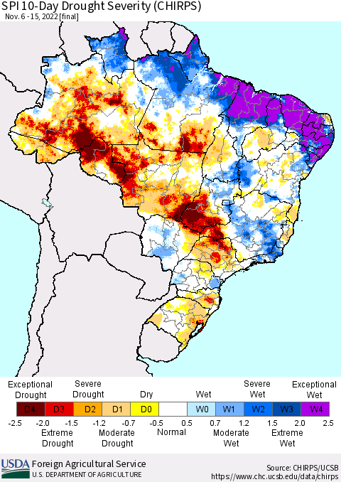 Brazil SPI 10-Day Drought Severity (CHIRPS) Thematic Map For 11/6/2022 - 11/15/2022