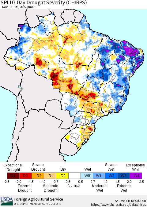Brazil SPI 10-Day Drought Severity (CHIRPS) Thematic Map For 11/11/2022 - 11/20/2022