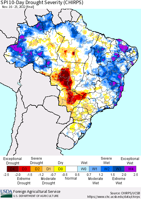 Brazil SPI 10-Day Drought Severity (CHIRPS) Thematic Map For 11/16/2022 - 11/25/2022