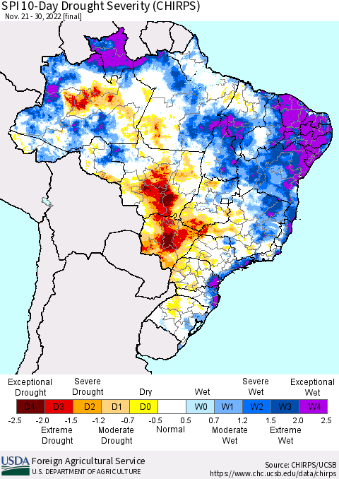 Brazil SPI 10-Day Drought Severity (CHIRPS) Thematic Map For 11/21/2022 - 11/30/2022