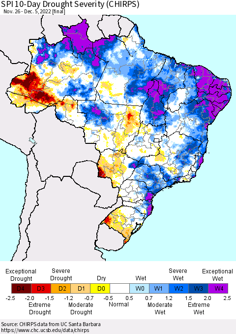 Brazil SPI 10-Day Drought Severity (CHIRPS) Thematic Map For 11/26/2022 - 12/5/2022