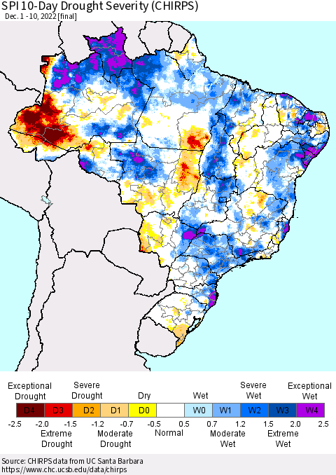 Brazil SPI 10-Day Drought Severity (CHIRPS) Thematic Map For 12/1/2022 - 12/10/2022