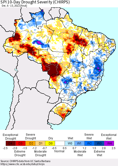 Brazil SPI 10-Day Drought Severity (CHIRPS) Thematic Map For 12/6/2022 - 12/15/2022
