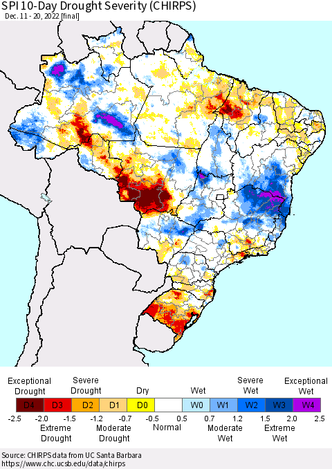 Brazil SPI 10-Day Drought Severity (CHIRPS) Thematic Map For 12/11/2022 - 12/20/2022