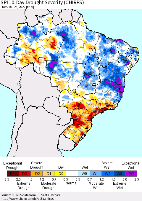 Brazil SPI 10-Day Drought Severity (CHIRPS) Thematic Map For 12/16/2022 - 12/25/2022