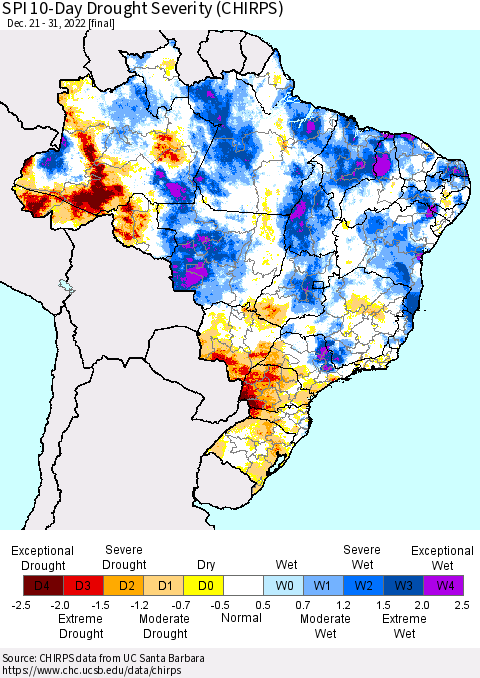 Brazil SPI 10-Day Drought Severity (CHIRPS) Thematic Map For 12/21/2022 - 12/31/2022