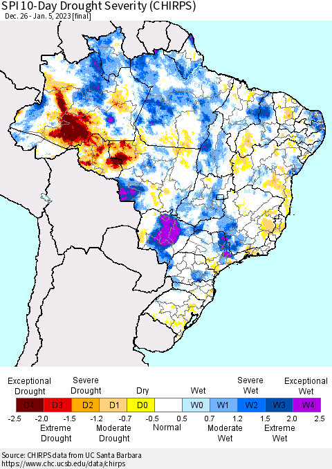 Brazil SPI 10-Day Drought Severity (CHIRPS) Thematic Map For 12/26/2022 - 1/5/2023