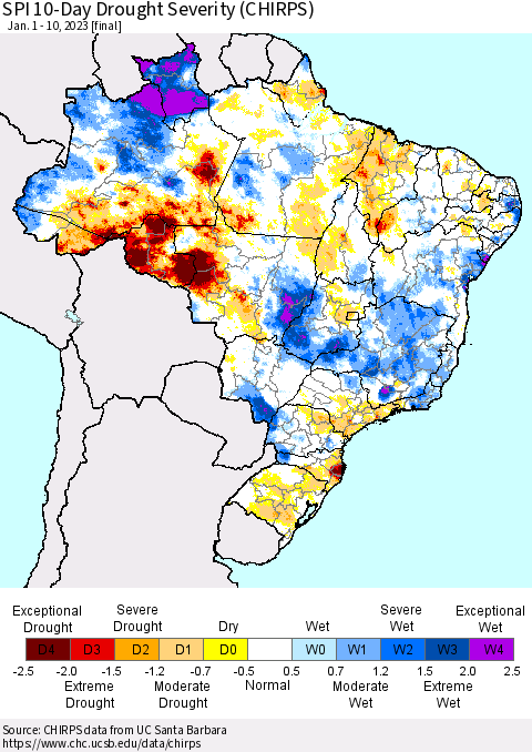 Brazil SPI 10-Day Drought Severity (CHIRPS) Thematic Map For 1/1/2023 - 1/10/2023