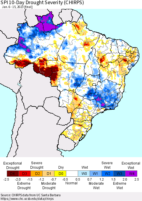 Brazil SPI 10-Day Drought Severity (CHIRPS) Thematic Map For 1/6/2023 - 1/15/2023
