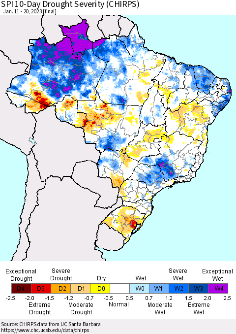 Brazil SPI 10-Day Drought Severity (CHIRPS) Thematic Map For 1/11/2023 - 1/20/2023