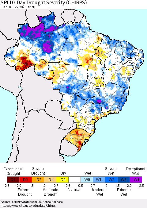 Brazil SPI 10-Day Drought Severity (CHIRPS) Thematic Map For 1/16/2023 - 1/25/2023