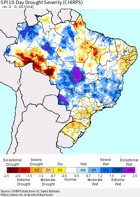 Brazil SPI 10-Day Drought Severity (CHIRPS) Thematic Map For 1/21/2023 - 1/31/2023
