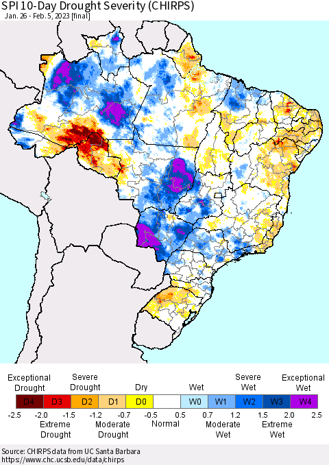 Brazil SPI 10-Day Drought Severity (CHIRPS) Thematic Map For 1/26/2023 - 2/5/2023
