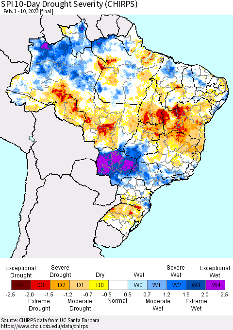 Brazil SPI 10-Day Drought Severity (CHIRPS) Thematic Map For 2/1/2023 - 2/10/2023