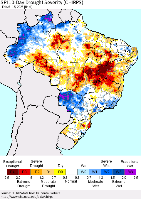 Brazil SPI 10-Day Drought Severity (CHIRPS) Thematic Map For 2/6/2023 - 2/15/2023