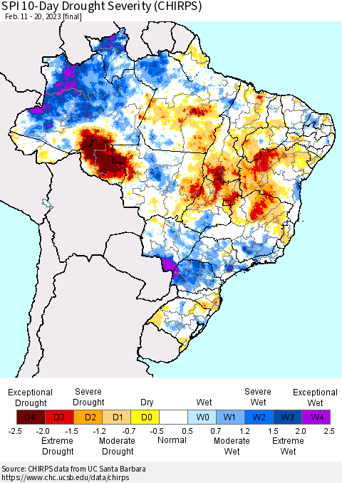 Brazil SPI 10-Day Drought Severity (CHIRPS) Thematic Map For 2/11/2023 - 2/20/2023