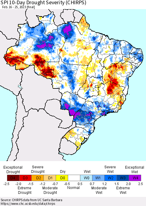 Brazil SPI 10-Day Drought Severity (CHIRPS) Thematic Map For 2/16/2023 - 2/25/2023