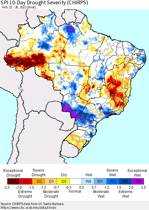 Brazil SPI 10-Day Drought Severity (CHIRPS) Thematic Map For 2/21/2023 - 2/28/2023