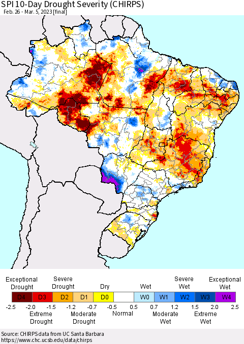 Brazil SPI 10-Day Drought Severity (CHIRPS) Thematic Map For 2/26/2023 - 3/5/2023