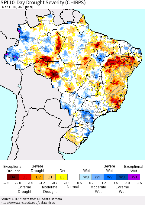 Brazil SPI 10-Day Drought Severity (CHIRPS) Thematic Map For 3/1/2023 - 3/10/2023