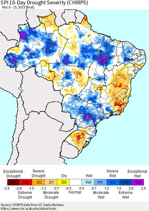 Brazil SPI 10-Day Drought Severity (CHIRPS) Thematic Map For 3/6/2023 - 3/15/2023