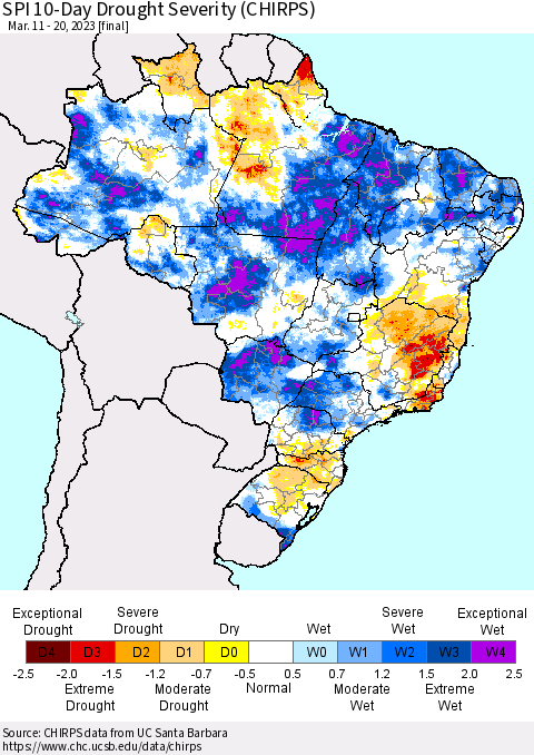 Brazil SPI 10-Day Drought Severity (CHIRPS) Thematic Map For 3/11/2023 - 3/20/2023