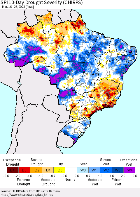 Brazil SPI 10-Day Drought Severity (CHIRPS) Thematic Map For 3/16/2023 - 3/25/2023