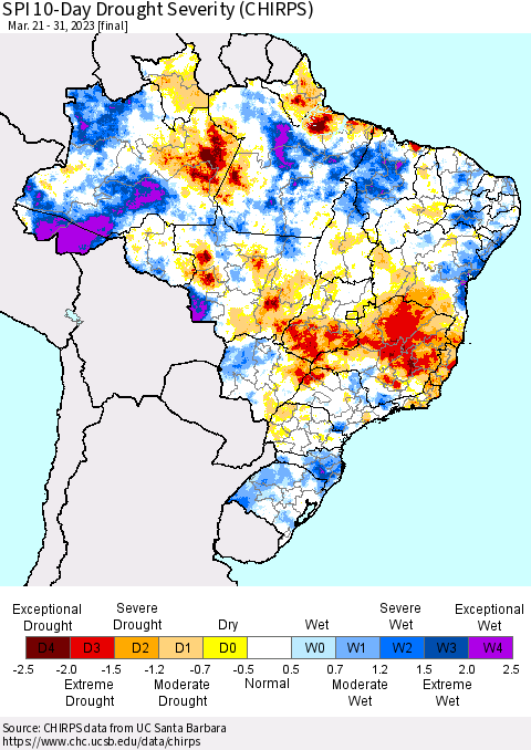 Brazil SPI 10-Day Drought Severity (CHIRPS) Thematic Map For 3/21/2023 - 3/31/2023