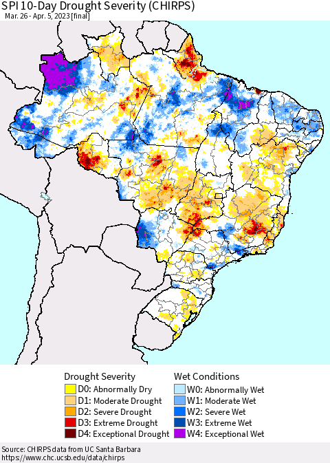 Brazil SPI 10-Day Drought Severity (CHIRPS) Thematic Map For 3/26/2023 - 4/5/2023