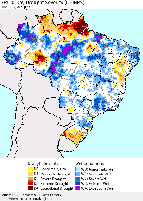 Brazil SPI 10-Day Drought Severity (CHIRPS) Thematic Map For 4/1/2023 - 4/10/2023