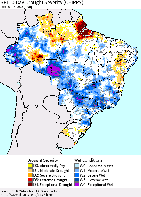 Brazil SPI 10-Day Drought Severity (CHIRPS) Thematic Map For 4/6/2023 - 4/15/2023