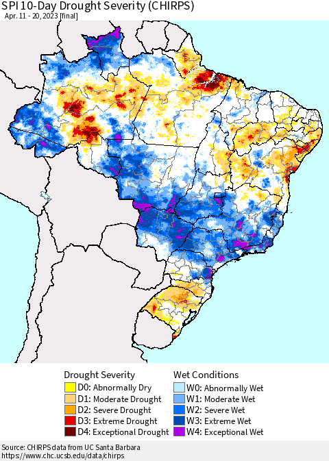 Brazil SPI 10-Day Drought Severity (CHIRPS) Thematic Map For 4/11/2023 - 4/20/2023