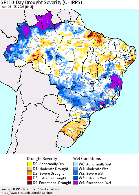 Brazil SPI 10-Day Drought Severity (CHIRPS) Thematic Map For 4/16/2023 - 4/25/2023