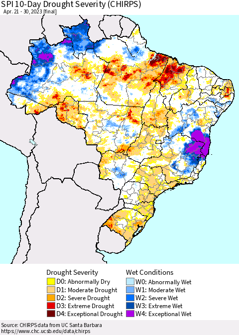 Brazil SPI 10-Day Drought Severity (CHIRPS) Thematic Map For 4/21/2023 - 4/30/2023