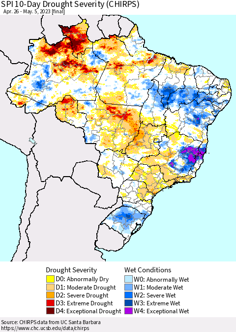 Brazil SPI 10-Day Drought Severity (CHIRPS) Thematic Map For 4/26/2023 - 5/5/2023