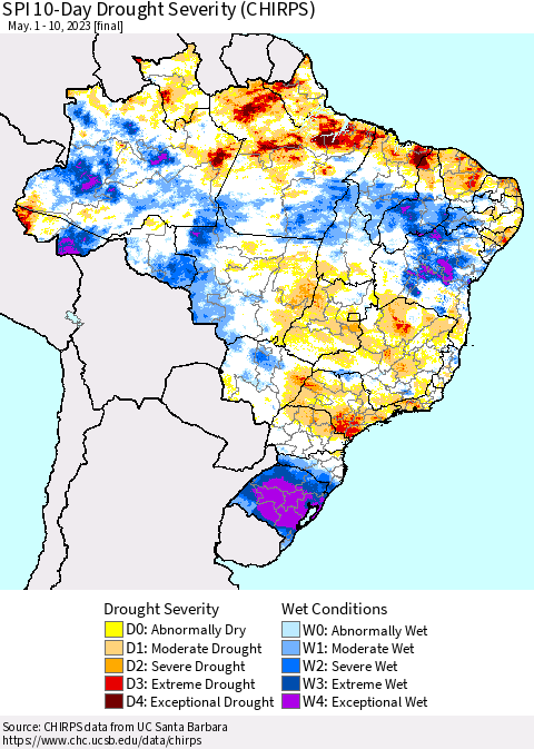 Brazil SPI 10-Day Drought Severity (CHIRPS) Thematic Map For 5/1/2023 - 5/10/2023