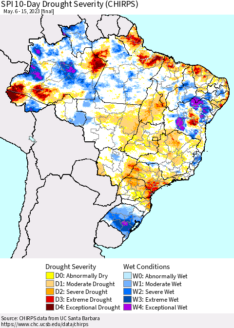 Brazil SPI 10-Day Drought Severity (CHIRPS) Thematic Map For 5/6/2023 - 5/15/2023