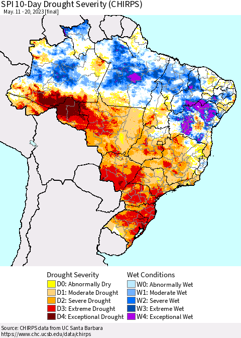 Brazil SPI 10-Day Drought Severity (CHIRPS) Thematic Map For 5/11/2023 - 5/20/2023