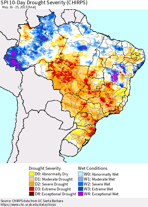 Brazil SPI 10-Day Drought Severity (CHIRPS) Thematic Map For 5/16/2023 - 5/25/2023