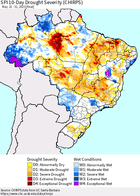 Brazil SPI 10-Day Drought Severity (CHIRPS) Thematic Map For 5/21/2023 - 5/31/2023