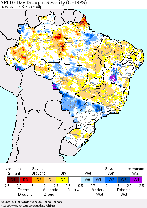 Brazil SPI 10-Day Drought Severity (CHIRPS) Thematic Map For 5/26/2023 - 6/5/2023