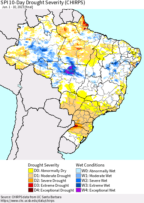 Brazil SPI 10-Day Drought Severity (CHIRPS) Thematic Map For 6/1/2023 - 6/10/2023