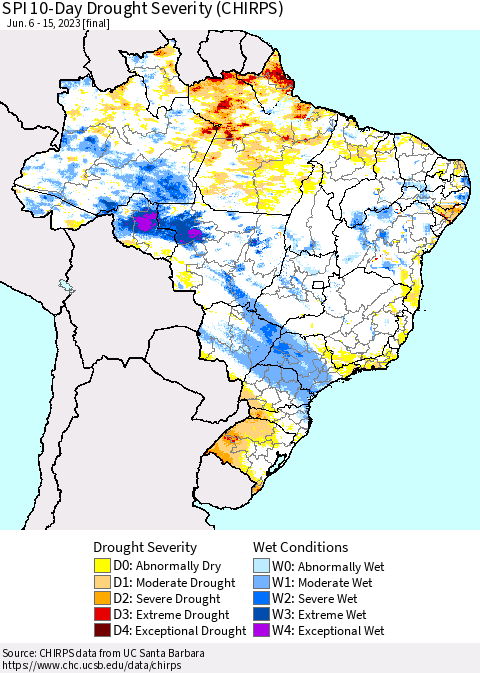Brazil SPI 10-Day Drought Severity (CHIRPS) Thematic Map For 6/6/2023 - 6/15/2023