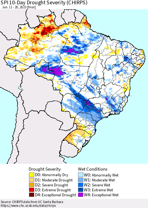 Brazil SPI 10-Day Drought Severity (CHIRPS) Thematic Map For 6/11/2023 - 6/20/2023