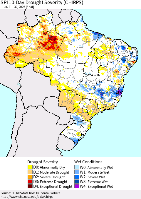 Brazil SPI 10-Day Drought Severity (CHIRPS) Thematic Map For 6/21/2023 - 6/30/2023