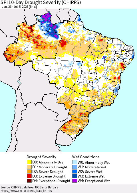 Brazil SPI 10-Day Drought Severity (CHIRPS) Thematic Map For 6/26/2023 - 7/5/2023