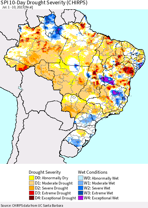Brazil SPI 10-Day Drought Severity (CHIRPS) Thematic Map For 7/1/2023 - 7/10/2023