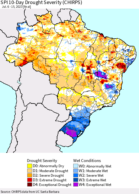Brazil SPI 10-Day Drought Severity (CHIRPS) Thematic Map For 7/6/2023 - 7/15/2023