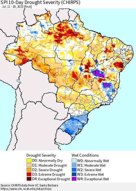 Brazil SPI 10-Day Drought Severity (CHIRPS) Thematic Map For 7/11/2023 - 7/20/2023