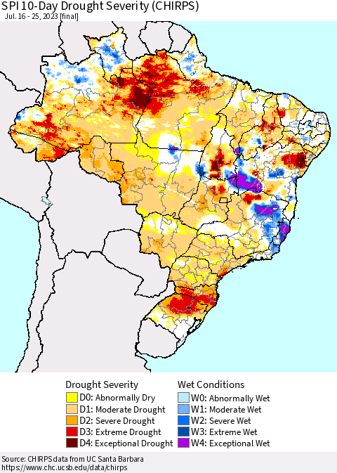 Brazil SPI 10-Day Drought Severity (CHIRPS) Thematic Map For 7/16/2023 - 7/25/2023